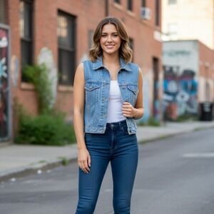 Vtg 90s Levi's Jeans Denim Vest Womens Sz M Blue Trucker Style Embroidered Retro